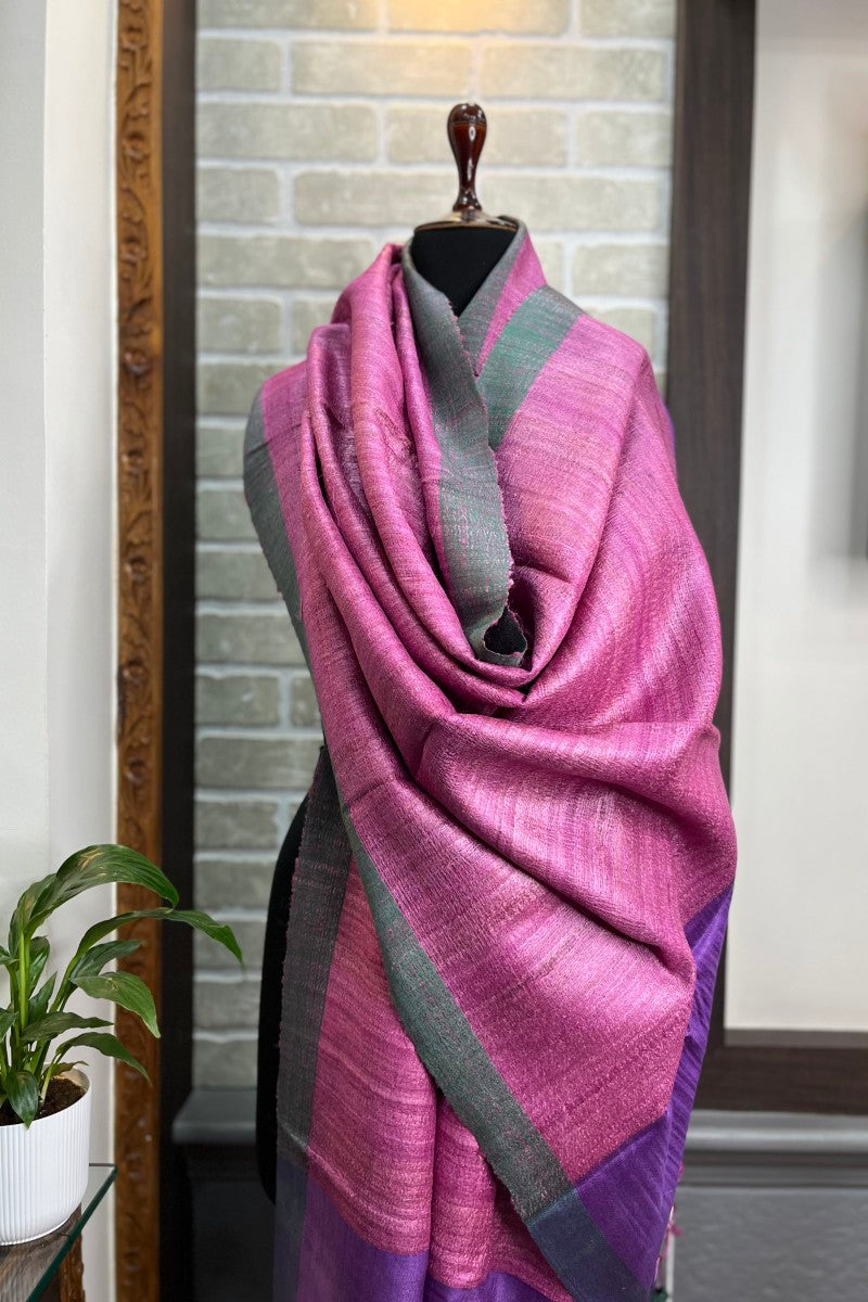 Orchid Pink with Grey Border Pure Tussar Silk Dupatta