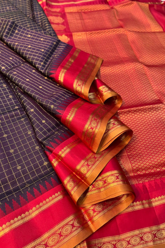 Pure Silk Handwoven Wine coloured checkered Narayanpet saree