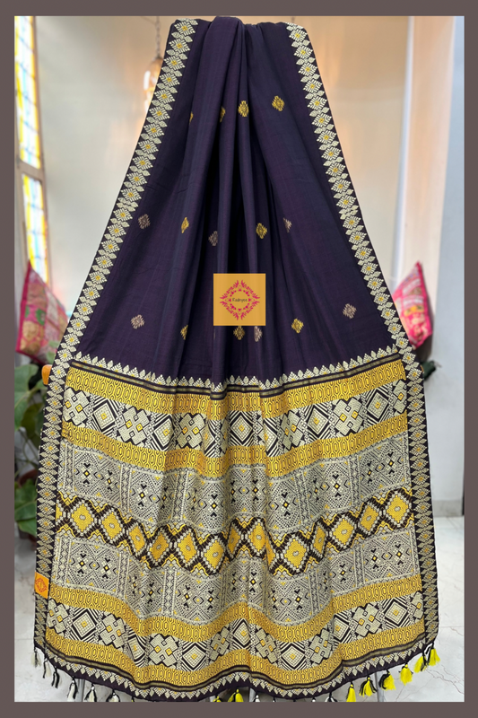 Handwoven Deep Wine coloured cotton saree with mustard tribal work