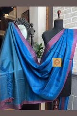 Blue Pure Tussar Silk Saree with contrast Pink border and blue pallu