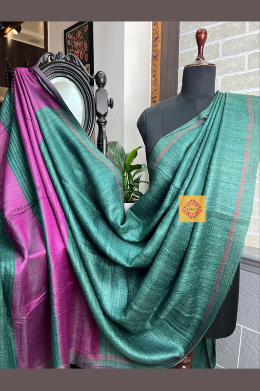 Bottle Green Pure Tussar Silk saree with pink pallu