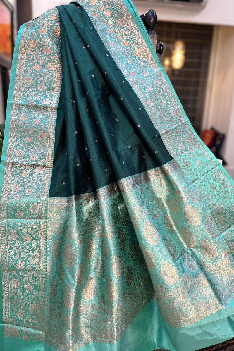 Bottle Green with Firozi Blue Border & Pallu Pure Silk Banarasi Saree