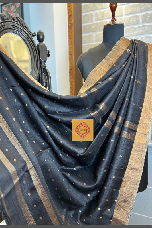 Pure Matka Silk, Handwoven Jet black Coloured Saree with small Jamdani Golden buttis and Pallu