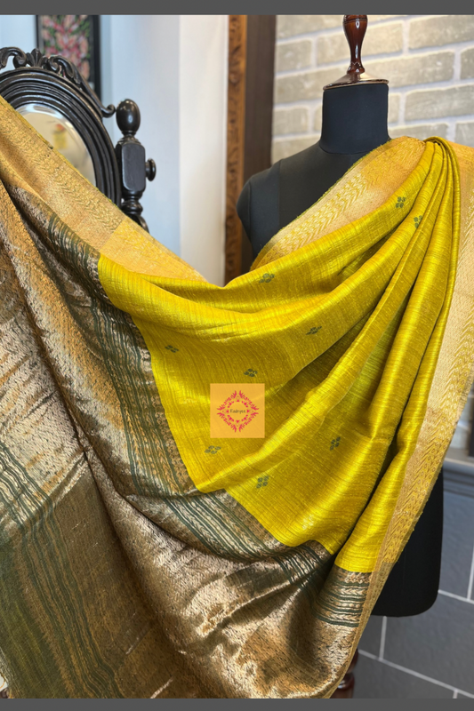 Pure Matka Silk Greenish Mustrad coloured saree with woven border , green Meenakari buttis and zari border