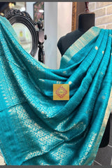 Pure Matka silk, Handwoven firozi ( chintamani) coloured saree with Meenakari golden buttis and pallu