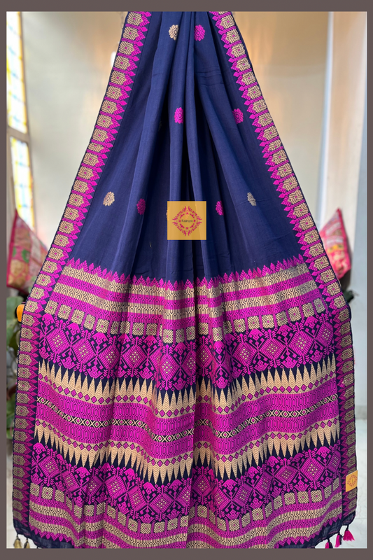 Handwoven Deep Blue Cotton Saree with Pink tribal work