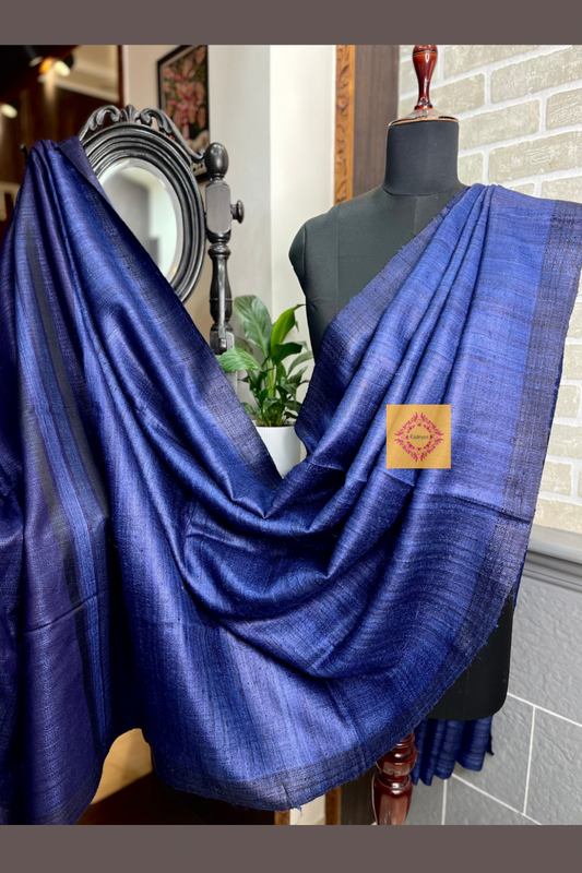 Beautiful Midnight blue pure tussar silk saree with black pallu