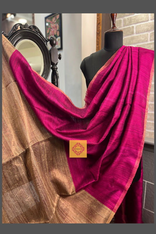 Magenta Pure Matka Silk saree with Tussar Ghicha pallu