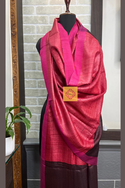 Dark Peach coloured Pure Tussar Silk Dupatta with vibrant Hot Pink Border