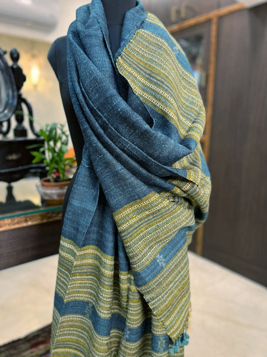 Peacock Blue with Green Handwoven Tussar Silk Ghicha Bhujodi Dupatta