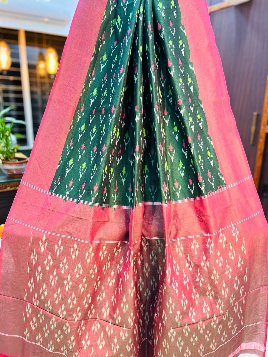 Cotton Ikkat Bottle Green Saree with Pink Pallu