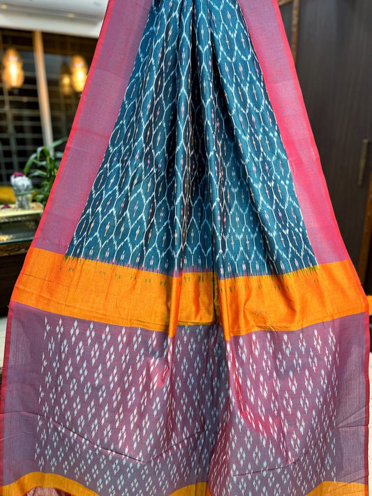 Peacock Blue Handloom Cotton Ikkat Saree