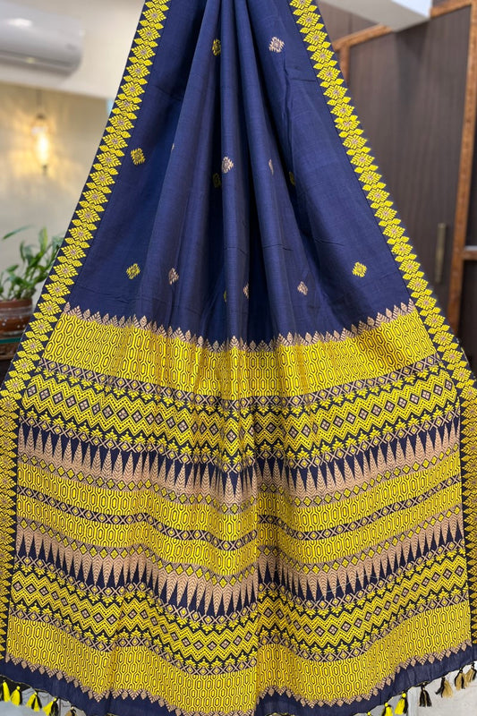 Deep Blue Handwoven Assamese Khadi Cotton Saree with yellow work on pallu