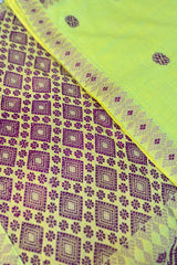 Lemon Yellow Handwoven Assamese Khadi cotton Saree with pink work on pallu