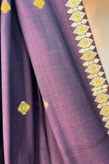 Handwoven Deep Wine coloured cotton saree with mustard tribal work