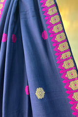 Handwoven Deep Blue Cotton Saree with Pink tribal work