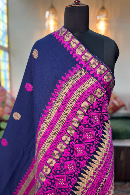 Handwoven Deep Blue Cotton Saree with Pink tribal work