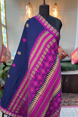 Handwoven Deep Blue Cotton Saree with Pink tribal work