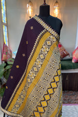 Handwoven Deep Wine coloured cotton saree with mustard tribal work