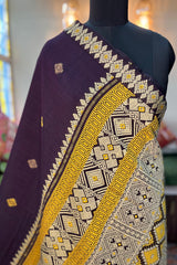 Handwoven Deep Wine coloured cotton saree with mustard tribal work