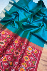 Peacock Green Pure Raw Silk Saree with woven Red Ikkat Pallu and Blouse