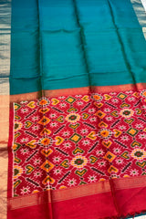 Peacock Green Pure Raw Silk Saree with woven Red Ikkat Pallu and Blouse