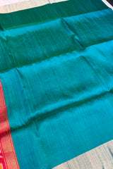 Peacock Green Pure Raw Silk Saree with woven Red Ikkat Pallu and Blouse