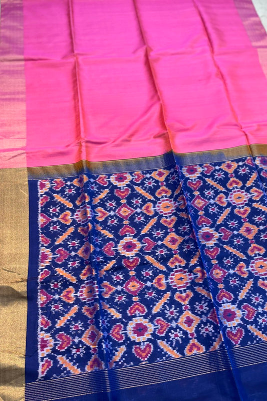 Pink Pure Raw Silk Saree with Royal Blue woven Ikkat Pallu and Blouse