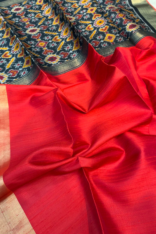 Red Pure Raw Silk Saree with woven Black Ikkat Pallu and Blouse