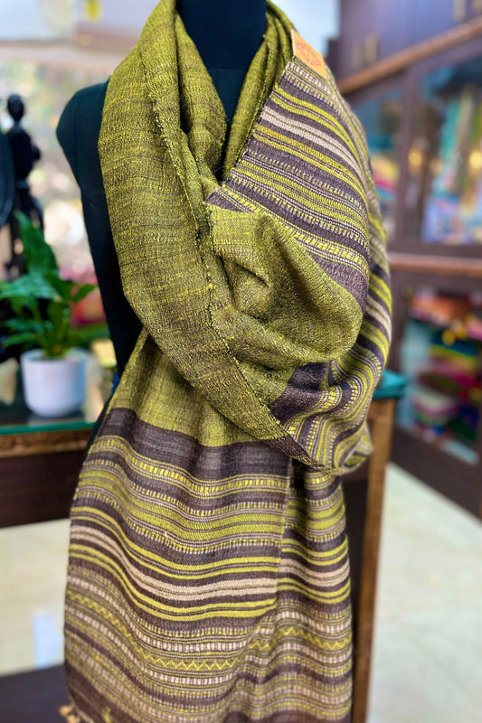 Tussar Silk Green Bhujodi Stole with Deep Purple Weaving