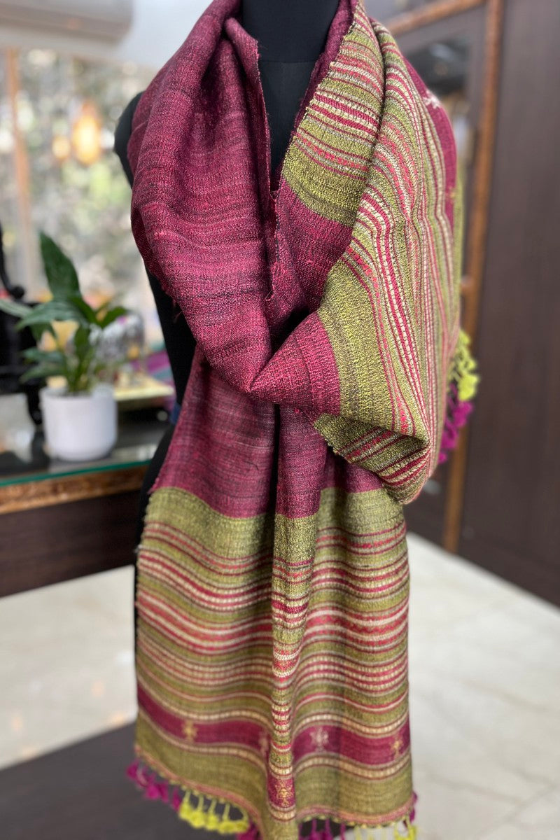 Tussar Silk Magenta Bhujodi Stole with Green Weaving