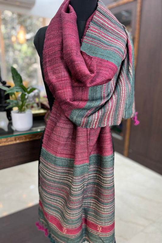 Tussar Silk Magenta Bhujodi Stole with Teal Green weaving