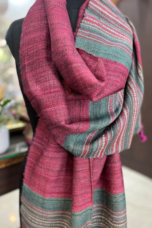 Tussar Silk Magenta Bhujodi Stole with Teal Green weaving