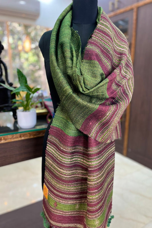 Tussar Silk Leaf Green Bhujodi Stole with Magenta Weaving