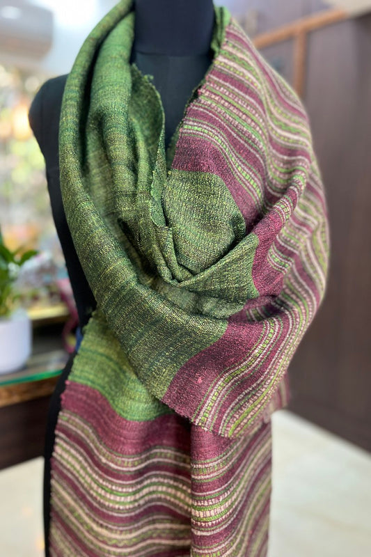 Tussar Silk Leaf Green Bhujodi Stole with Magenta Weaving