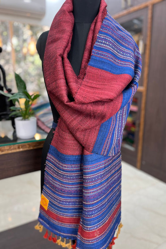 Tussar Silk Maroon Bhujodi Stole with Royal Blue Weaving