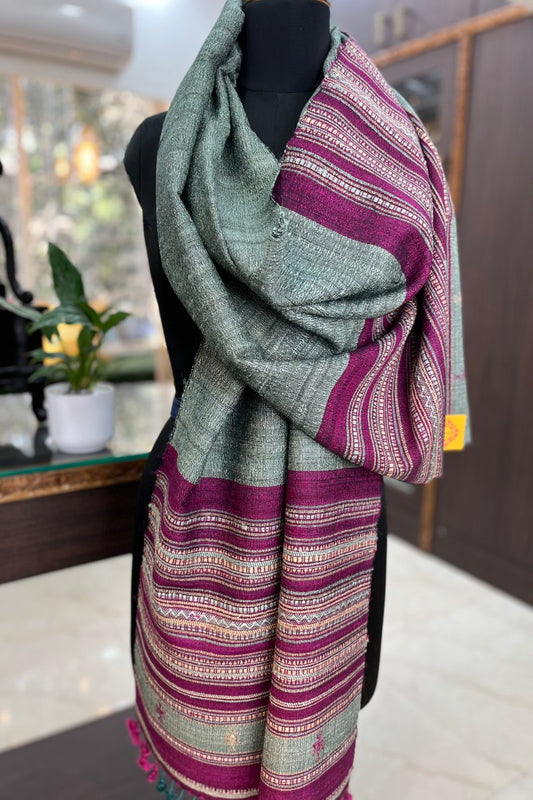 Tussar Silk Teal Green Bhujodi Stole with Magenta Weaving