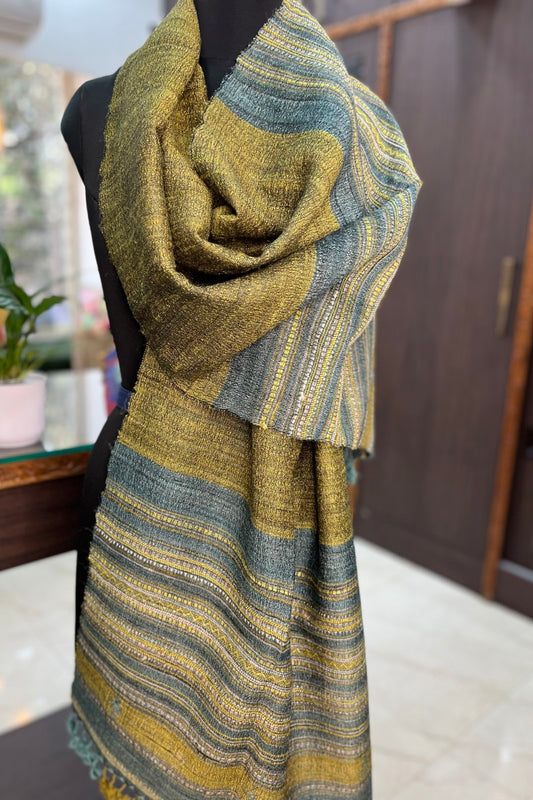 Tussar Silk Greenish Mustard Bhujodi Stole with Firozi weaving