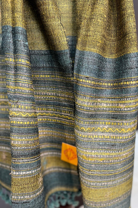 Tussar Silk Greenish Mustard Bhujodi Stole with Firozi weaving