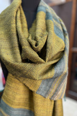 Tussar Silk Greenish Mustard Bhujodi Stole with Firozi weaving