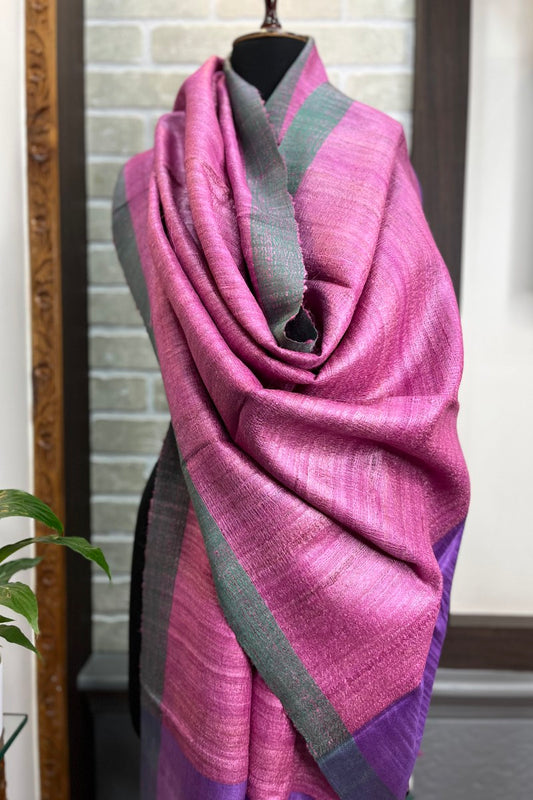 Orchid Pink with Peacock green coloured Border Pure Tussar Silk Dupatta