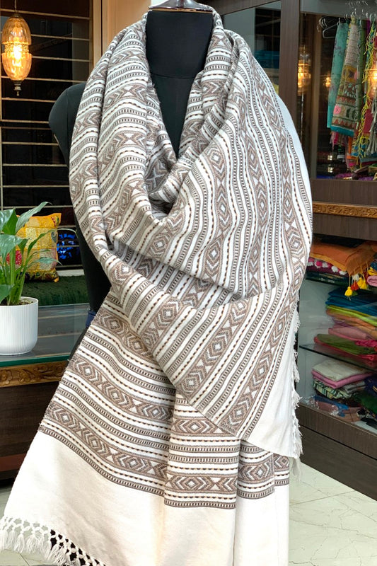 White with Black and Brown weaving Pahadi Stole