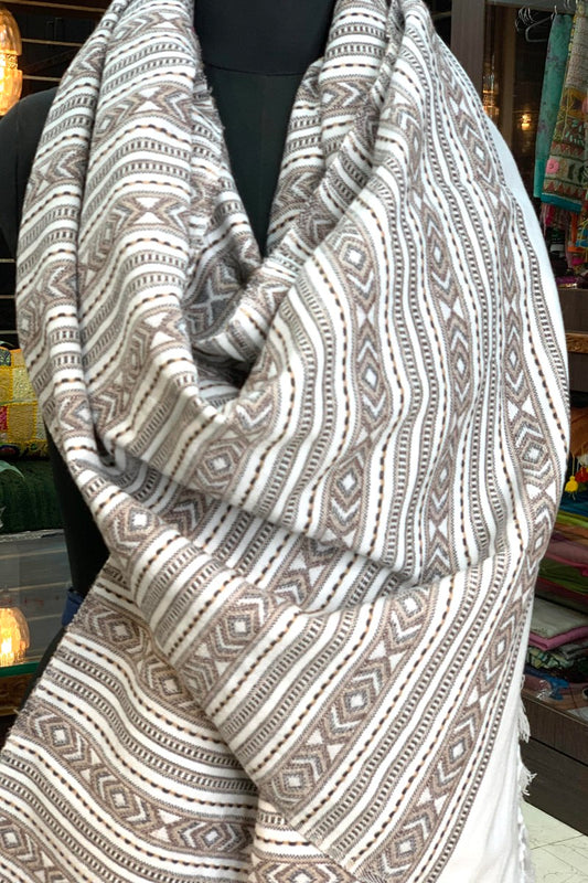 White with Black and Brown weaving Pahadi Stole