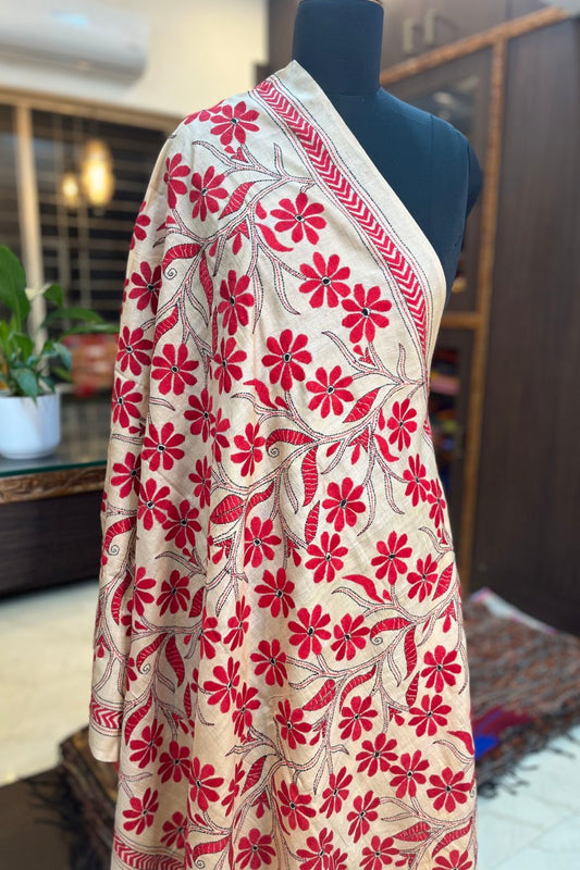 White and Red Pure Tussar Silk Kantha Dupatta