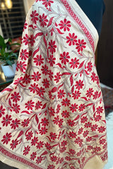 White and Red Pure Tussar Silk Kantha Dupatta