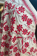 White and Red Pure Tussar Silk Kantha Dupatta