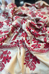 White and Red Pure Tussar Silk Kantha Dupatta