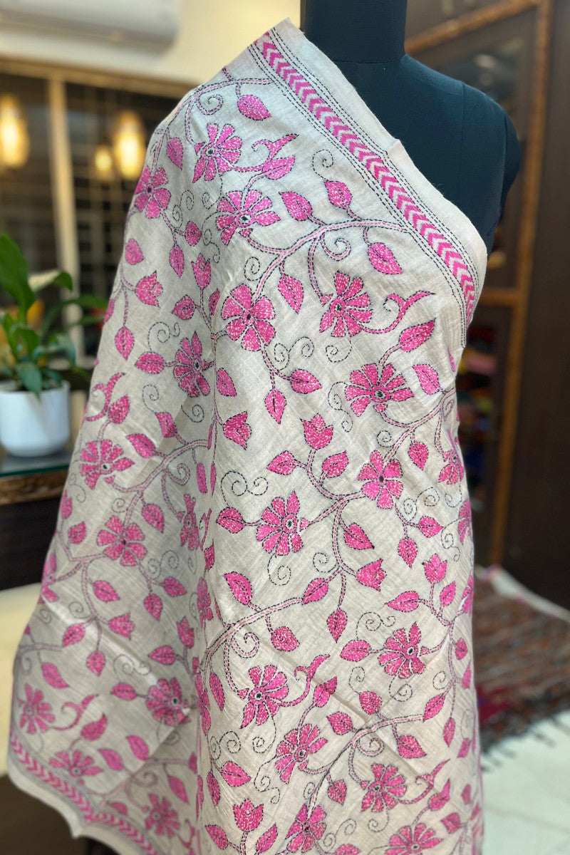 White and Pink Pure Tussar Silk Kantha Dupatta