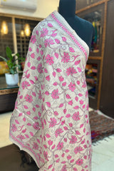 White and Pink Pure Tussar Silk Kantha Dupatta