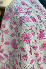 White and Pink Pure Tussar Silk Kantha Dupatta